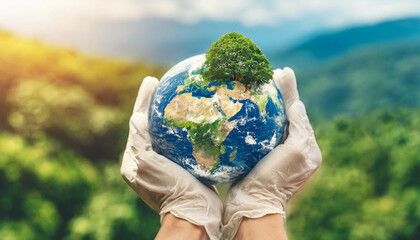 Wall Mural - hands protecting globe of green tree on tropical nature summer background, ecology and environment c