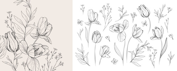 set of detailed black and white drawing various flowers and leaves. luxury floral collection for wed