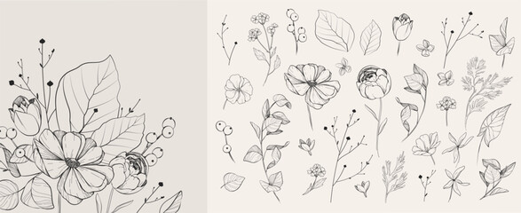 Wall Mural - set of detailed black and white drawing various flowers and leaves. luxury floral collection for wed