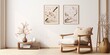 © Lasvu - Contemporary design in fashionable living room with armchair, poster frames, carpet, decor, flowers, basket, and accessories.