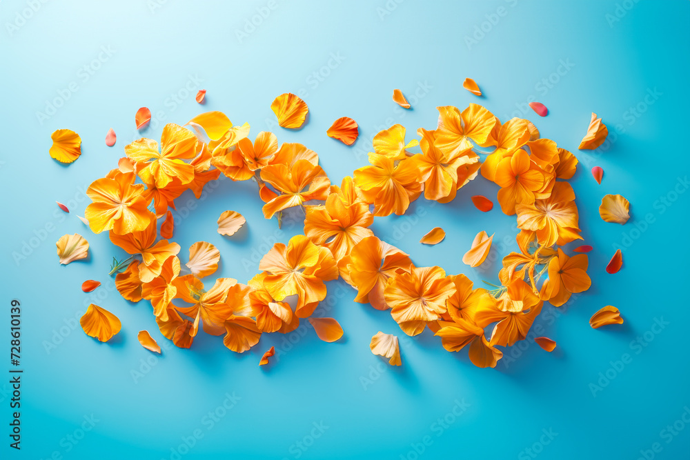 Yellow infinity symbol sign consists of flowers petals against blue ...