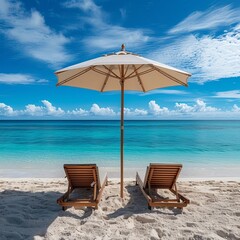 two lounge chairs are under an umbrella near the edge of the beach