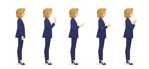 Wall Mural - Elegant beautiful business woman side view different gestures set isolated vector illustration
