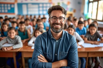 Portrait of smiling male teacher in a class at elementary school looking at camera with learning students on background, Generative AI