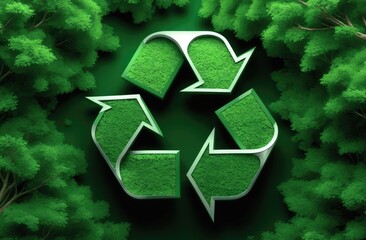 Universal recycling symbol with three green arrows and a grassy texture, set against a backdrop of lush treetops from a bird's-eye view, symbolizing eco-friendliness and sustainability