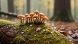 Autumn seasonal background, little mushrooms growing on a tree trunk in wet moss and fallen leaves, on forest floor under rain drops and autumnal sun - Fall season magical ambience  generative ai