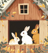 Book illustration of easter  cartoon bunnies in their house.