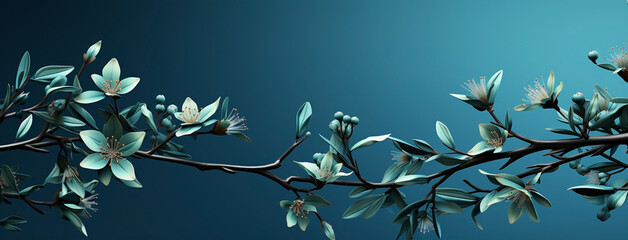 Beautiful wide panoramic plant branch with small flowers and leaves, wallpaper banner in blue color background  