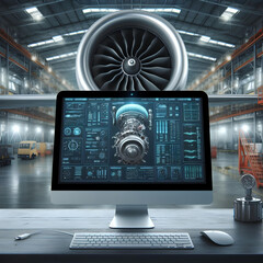  diagnosing an engine turbine using a laptop against the background of a service station