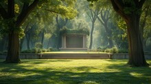 An Elegant Stage Positioned In A Tranquil Park, Framed By Ancient Trees
