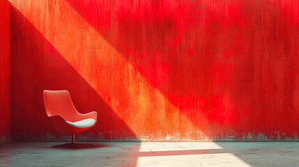 Wall Mural - A modern red chair against a rough concrete red wall, illuminated by a striking beam of light, creating a dramatic and artistic atmosphere.