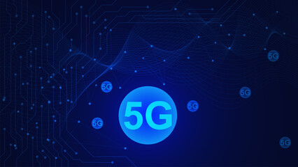 Poster - 5G network wireless concept. Internet Wi-fi connection with connecting dots lines and wave flow. Digital communication, network connection and broadband telecommunication.
