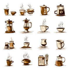 Poster - Collection of Stylish Coffee Cup Icons in Vector Illustration for Cafe, Kitchen, and Restaurant Design with Silhouettes and Symbolic Elements