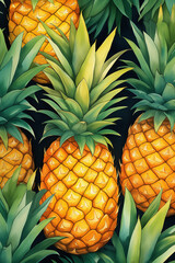 Wall Mural - watercolor illustration of pineapples on a black background