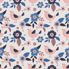 Set of spring seamless patterns with birds and floral elements in a simple style.