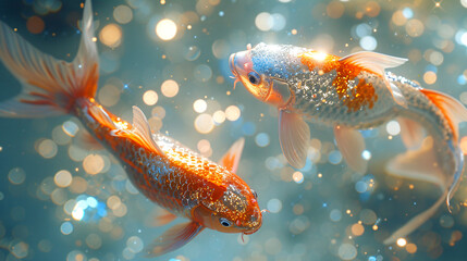 Wall Mural - Two goldfish swimming in a clear tank. The water has bubbles in it, creating a sparkling effect. The fish are orange and white.