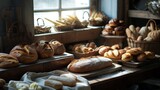 Fototapeta  - A rustic display of various freshly baked artisanal bread in a bakery.