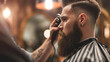 A hairdresser in a barbershop uses a hair clipper to cut a haircut for a bearded young stylish man