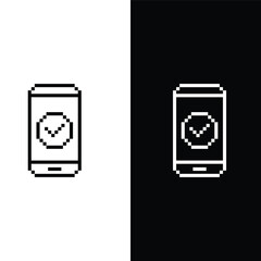 Aufkleber - pixel check mark and X mark icons.  yes, no icon on smart phone   sign for 8 bit game