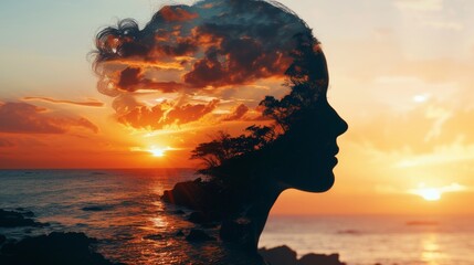 double exposure picture of woman face and landscape