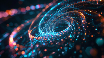 holographic Fibonacci spiral floating in a modern financial analysis lab, dynamically representing market trends and fluctuations with its evolving patterns