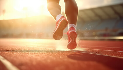 Wall Mural - Sneakers on athlete's feet close-up while running at stadium