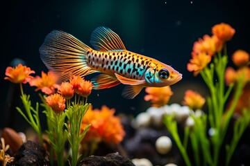 Wall Mural - Close-up of colorful guppy fish gracefully swimming in a vibrant aquarium setting