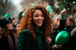 Portrait of a curly-haired woman celebrating St. Patrick's Day in the street. Generative AI
