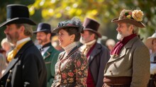 Group In Victorian-era Attire Participating In A Historical Reenactment Outdoors.