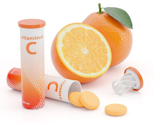 Poster - Effervescent Vitamin C tablets spilling out of plastic tube with juicy orange fruits isolated on white background. Vitamin and mineral supplements concept.