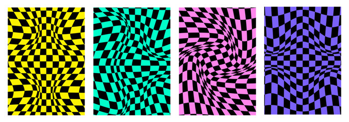 Leinwandbilder - Y2k style Groovy hippie 70s backgrounds. Twisted and distorted checkerboard, chessboard pattern. Psychedelic vector texture in trendy retro style.