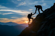 © maikuto - Silhouette of couple hiking help each other silhouette in mountains with sunlight