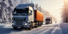Commercial Freight Trucks Driving Through A Snow-covered Forest Road Under A Bright Winter Sky, Illustrating Transportation During The Snowy Season