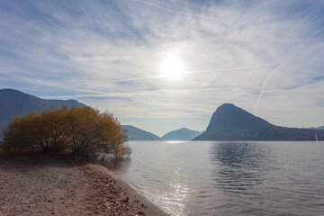 Wall Mural - Shore of Lugano lake with bush at sunrise, with San Salvatore and San Giorgio peaks in the background. Concept about tranquility and serenity