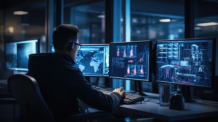 Wall Mural - A cybersecurity professional working on multiple monitors displaying various AI-assisted cyber defense tools and algorithms,
