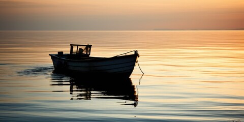 Wall Mural - A small white boat facing the sea, silhouette photography, Expressionism, 32K, hyper quality 