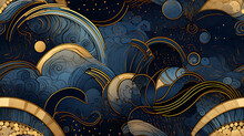 Abstract Art In Rich Dark Blue, Silver And Gold Colors - Seamless Tile. Endless And Repeat Print.