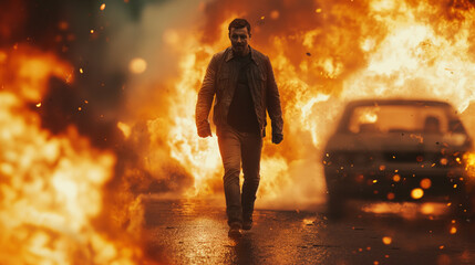 Action shot with man running away from explosion on car. Dynamic scene with fire in action movie blockbuster style