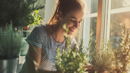 a happy young woman with a rosemary plant on the window of the house