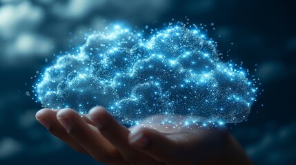 Poster - A businessman touches an icon that represents cloud computing. Cloud computing is a type of computing where data is transferred via the cloud and stored remotely. Business networks have confidential
