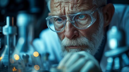 Poster - A senior male researcher performing scientific research in a lab (image with a shallow depth of field; color toned)