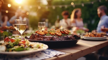 Wall Mural - Close Up, Backyard Dinner Table with Tasty Grilled Barbecue Meat, Fresh Vegetables and Salads. 
