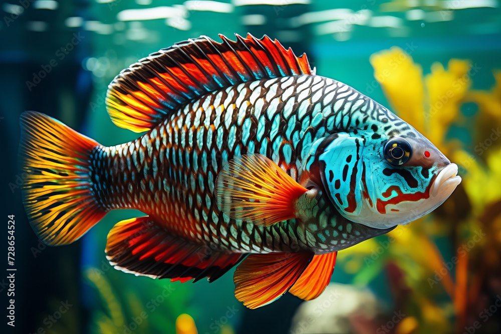 Stunning underwater scene. graceful sumatran barb fish amidst vibrant coral reefs and aquatic plants