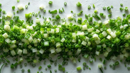 Poster - Cuts of Spring Onion, Chopped Green Leek, Scallion Greens Pieces, Scattering of Fresh Chive Pile on White Background - Top View in Isolated Position
