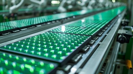 Canvas Print - In a modern bright factory, a large production line with white robot arms is assembling solar panels on conveyors.