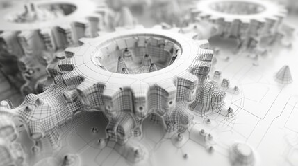 Leinwandbilder - 3d illustration of abstract wireframe two gears. Mechanical technology machine, Industry development, engine work, teamwork concept, background.