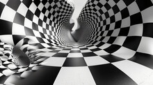 Black And White Race Flag Chessboard With A Trippy, Hippie, Wavy Look From The 1970s.