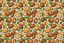 Seamless Pattern Of Hand-drawn Potatoes And Leaves On A White Background