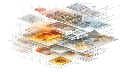 isometric cityscapes, conceptual mapping, white background, geometric diagram showing various surfaces of European landscape with transparent layers atlas of cities and residential neighborhoods