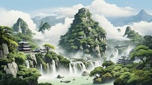 An Asian Landscape With Trees, Mountains And Waterfalls